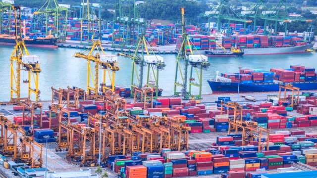4K,-Time-lapse-of-Industrial-port-with-containers-ship-in-Singapore-city