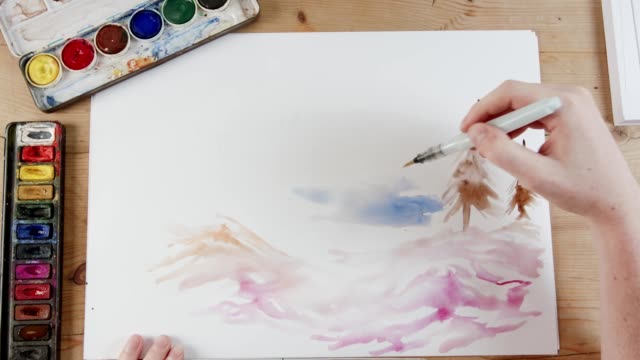 Zeitraffer-der-Künstler-Gemälde-Landschaft-mit-Aquarellfarben