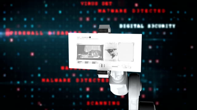 Digitally-generated-video-of-white-robotic-arm-holding-card-with-research-concept