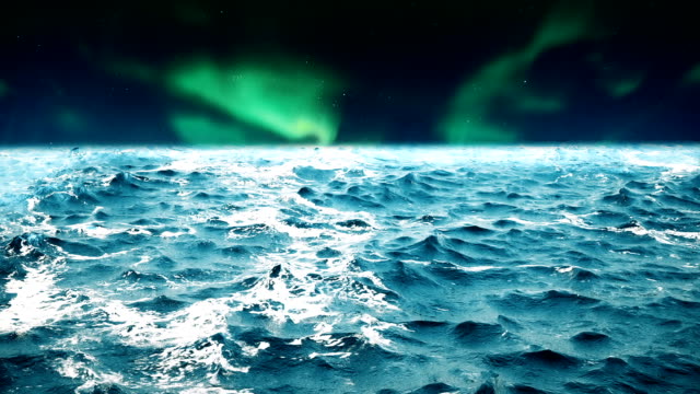 High-quality-animation-of-ocean-waves-with-beautiful-northern-lights-on-the-background.-Looping.