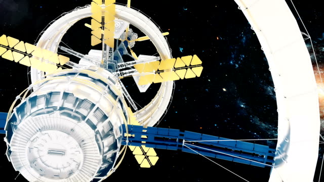 Estación-espacial-vuela-alrededor-de-la-galaxia.-Hermosa-animación-detallada.