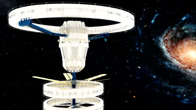 Raumstation-ISS-fliegt-um-die-Galaxie.-Schöne-detaillierte-Animation.-Endlos-wiederholbar-Hintergrund.