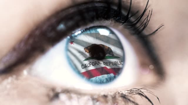 Woman-blue-eye-in-close-up-with-the-flag-of-California-state-in-iris,-united-states-of-america-with-wind-motion.-video-concept