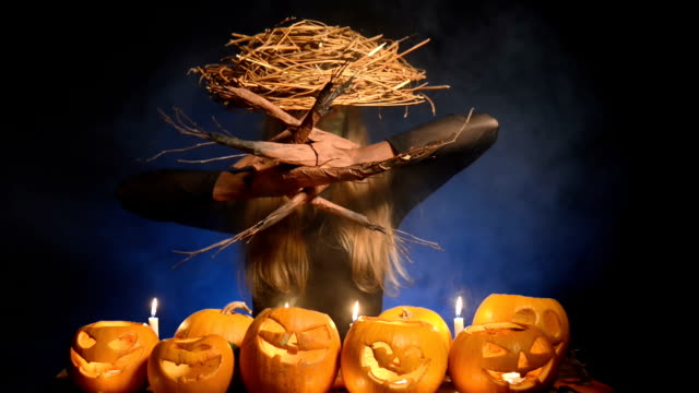 Halloween-costume-woman,-tree-girl-with-pumpkins