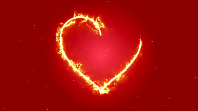 4K-Animation-appearance-red-or-orange--Heart-shape-flame-or-burn-on-the-red-dark-background-and-fire-spark.-Motion-graphic-and-animation-background.