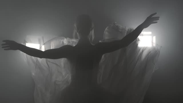 Professional-ballerina-dancing-ballet-in-spotlights-on-big-stage.-Beautiful-caucasian-young-girl-wearing-white-tutu-dress.-Black-white-vintage-retro-effect-tonned.-Slow-motion