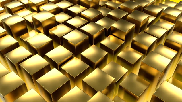 Golden-cubic-tiles-changing-height,-abstract-background