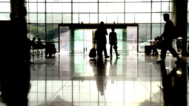 Silhouette-of-passenger-walk-with-trolley-case-at-airport-terminal