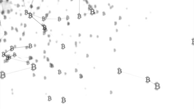 Schwarzes-Bitcoin-Symbol-verbunden,-Linien-und-Punkte-schöne-3d-Animation-des-globalen-digitalen-Netzwerk-wachsenden-mit-Bitcoin-zu-fliegen.-Business-Konzept-Polygon-Plexus-verbinden-Fraktale-bewegen,
