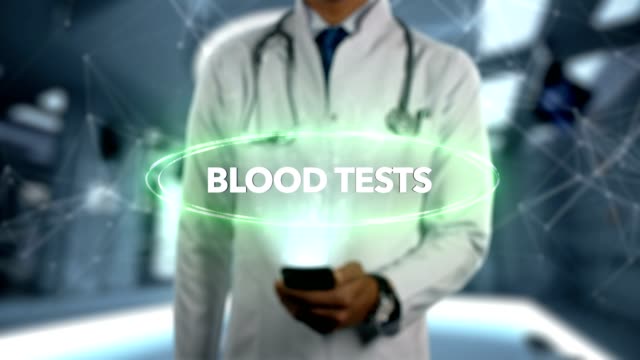 BLOOD-TESTS---Male-Doctor-With-Mobile-Phone-Opens-and-Touches-Hologram-Treatment-Word