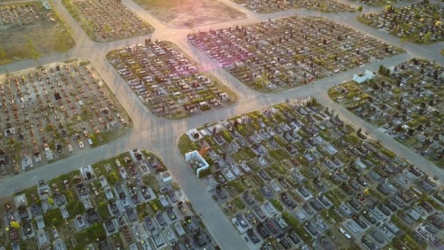Aerial-of-Cemetery-Alleys-at-Sunset