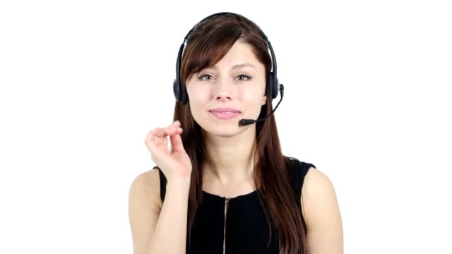 Young-Girl-Talking-on-Headphone,-Call-Center