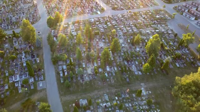 Aerial-of-Cemetery-with-Trees-at-Sunset