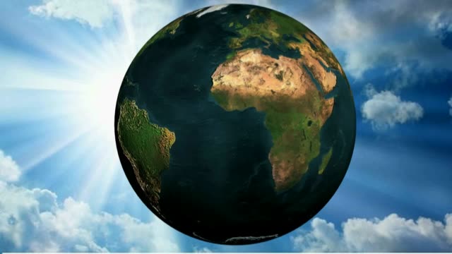 Planet-Earth-rotates-having-a-blue-sunny-sky-in-the-background---3D-rendering-video
