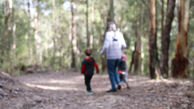 Madre-y-niños-caminando-en-el-bosque-sombrío