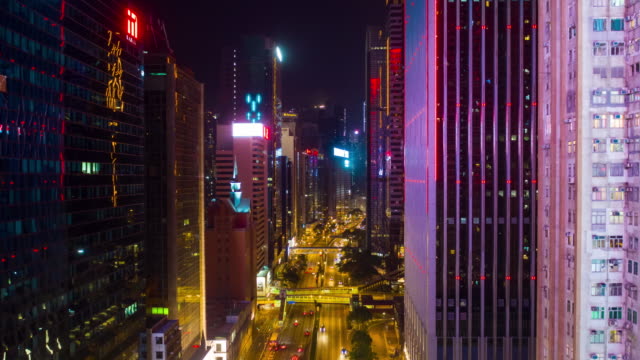 Nacht-Beleuchtung-wan-Chai-Verkehr-Straße-Luft-Zeitraffer-4k-Hongkong