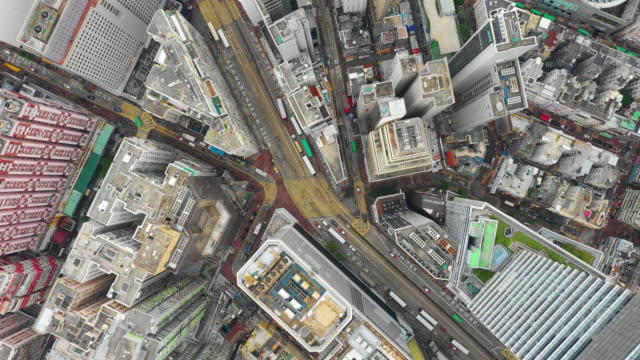 Tag-Zeit-Stadtverkehrs-Stadtstraßen-Antenne-Topdown-Panorama-4k-Hongkong