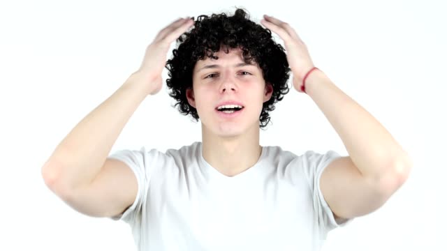 Screaming-Young-Man-with-Curly-Hairs,-white-Background