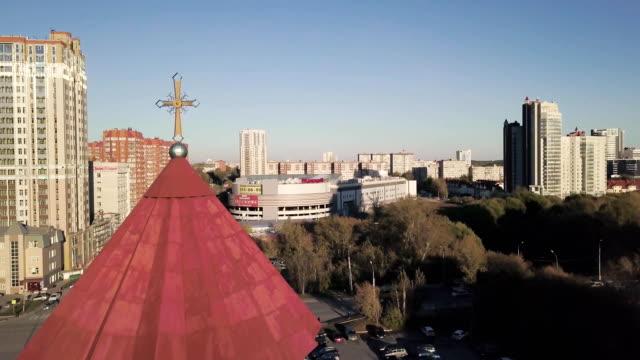 Top-view-of-the-city-Church.-Video.-Modern-Church-in-the-city-near-residential-buildings
