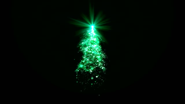 Christmas-tree-with-green-shining-lights,-falling-snowflakes-and-stars-looped-on-black-background-for-decoration-or-overlay
