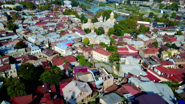 Aerial-View-Of-Old-Part-Tbilisi-City-In-Georgia-Tile-Roofs