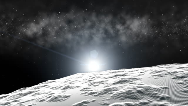 Fliegen-über-weiße-Landschaft-Schneeoberfläche,-Raum-Nebel-Sternenfeld-Hintergrund-verschmilzt-das-Teilchen-in-ein-glückliches-neues-Jahr
