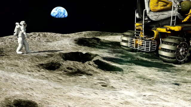 Astronaut-on-the-moon-returns-to-his-moon-Rover-after-the-exploration-of-the-Earth-satellite.
