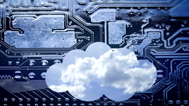 Cloud-computing-conceptual-video.-Deep-blue-sky-with-clouds-time-laps-in-a-cloud-on-a-circuit-board-background.-The-silhouette-of-the-cloud-is-placed-below-to-leave-free-space-above-it-for-your-text.