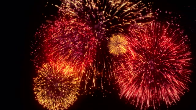 Schöne-blau-rot-Goldene-Dekoration-am-schwarzen-Himmel-Firework-Display-Zusammensetzung-nahtlose-Schleife-Hintergrund-für-Geburtstag,-Jubiläum,-Feier,-Feiertag,-Neujahr,-Party,-feiern,-Einladung