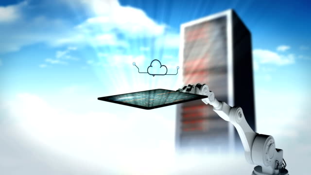 Digital-erzeugte-Video-von-weißen-Roboterarm-mit-digital-Tablette-mit-Cloud-computing-Symbol