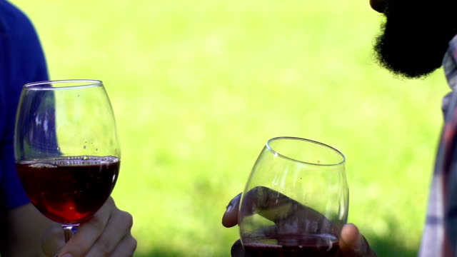 Afro-american-male-and-caucasian-woman-drinking-red-wine-together-in-park