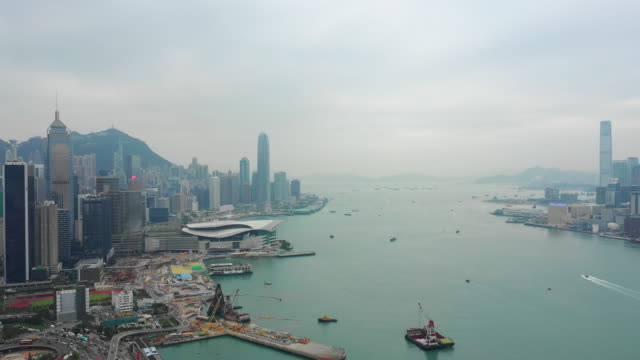 Tag-Zeit-Stadtbild-Stadtverkehrs-Bucht-Victoria-Harbour-Antenne-Panorama-4k-Hongkong