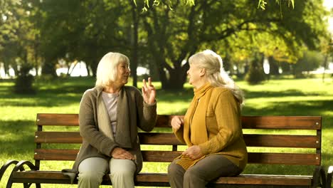 Two-old-fiends-talking-and-laughing-sitting-on-bench-in-park,-retirement-age