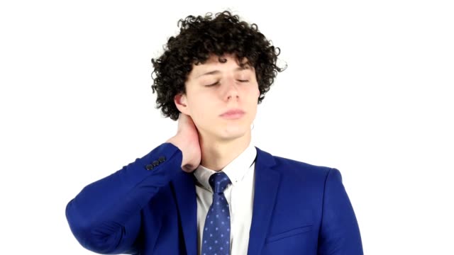 Tired-Young-Businessman,-White-Background,-Neck-Pain