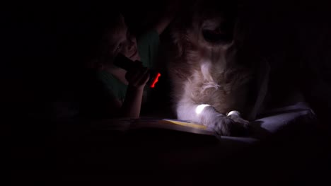 happy-life-with-pets---little-boy-at-night-reading-a-book-under-the-covers-with-their-big-dog