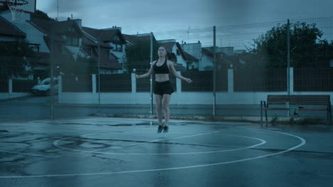 Beautiful-Sporty-Fitness-Girl-in-Black-Athletic-Top-and-Shorts-is-Skipping/Jumping-Rope.-She-is-Doing-a-Workout-in-a-Fenced-Outdoor-Basketball-Court.-View-from-Behind-the-Fence.-Evening-After-Rain.