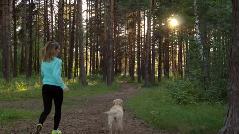 Junge-Frau-ist-mit-Hund-im-Wald-spazieren.