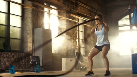Athletische-Frauen-aktiv-in-einer-Turnhalle-Übungen-mit-Battle-Ropes-während-ihr-Fitness-Training-/-hoher-Intensität-Intervall-Training.-Sie-ist-muskulös-und-verschwitzt,-Fitness-Studio-ist-in-verlassenen-Fabrik.