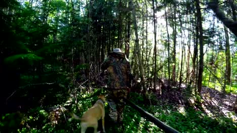 Jäger-mit-Hund-zu-Fuß-durch-Wald-4k