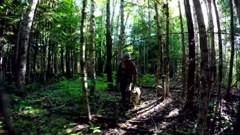 Jäger-mit-Hund-zu-Fuß-durch-Wald-4k