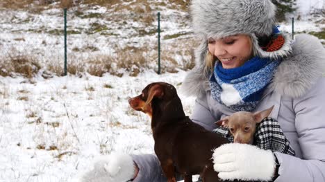 Mujer-jugando-con-sus-pequeños-perros-fuera-de-invierno