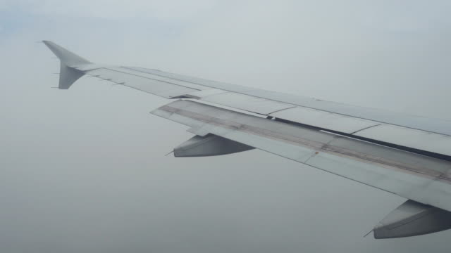 El-ala-de-la-aeronave-al-aterrizar-para-parada-en-un-día-de-mal-tiempo-en-la-nube