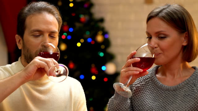 Pareja-feliz-bebiendo-vino-y-abraza,-romántica-fecha-en-Navidad,-closeup
