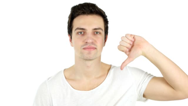 Thumbs-Down-by-Handsome-Man,-White-Background