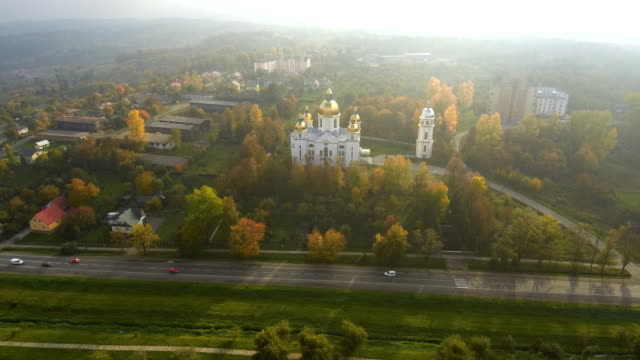 Aerial-view-from-Drone:-Beautiful-view-of-the-church-in-the-sun.
