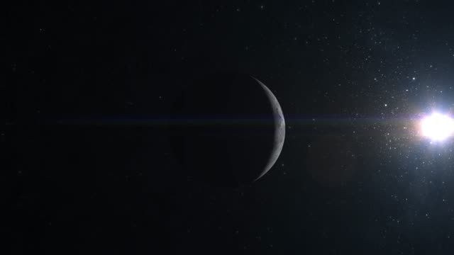 Approaching-to-the-Moon.-The-moon-is-illuminated-by-the-sun-to-half.-View-from-space.-Stars-twinkle.-4K.-Sun-on-the-right