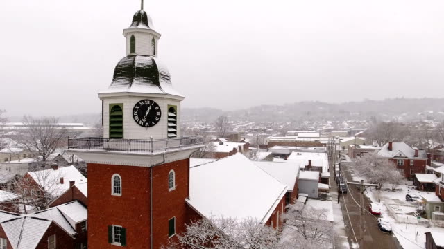 Aerial-Winter-Establishing-Shot-of-St.-John's-Lutheran-Church