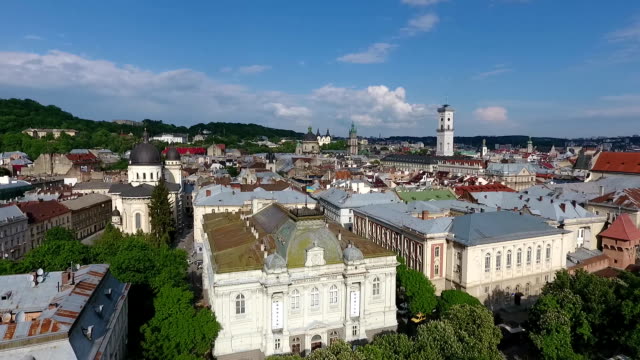 Aerial-shooting-of-the-beautiful-architecture-of-the-city-of-Lviv