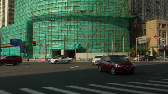 Tageszeit-shanghai-Stadt-Wohnung-komplexe-Konstruktion-Verkehr-Straße-Panorama-4k-china