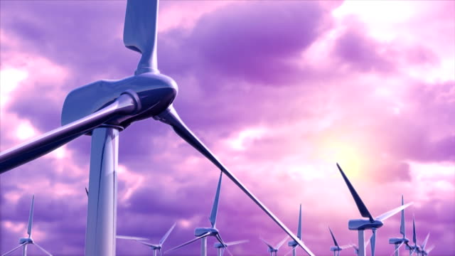 Windpark-Generatoren-gegen-eine-Schleife-lila-Himmel